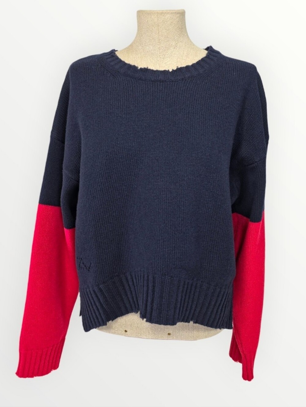 Zadig & Voltaire Clarys Sweater XS Navy Red Colorblock 100% Merino Wool Distress